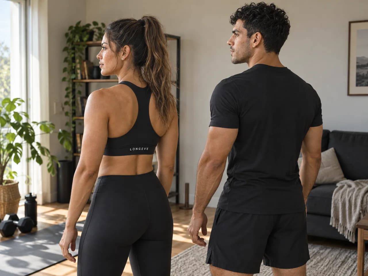 Two people standing side by side in a living room set up to train at home