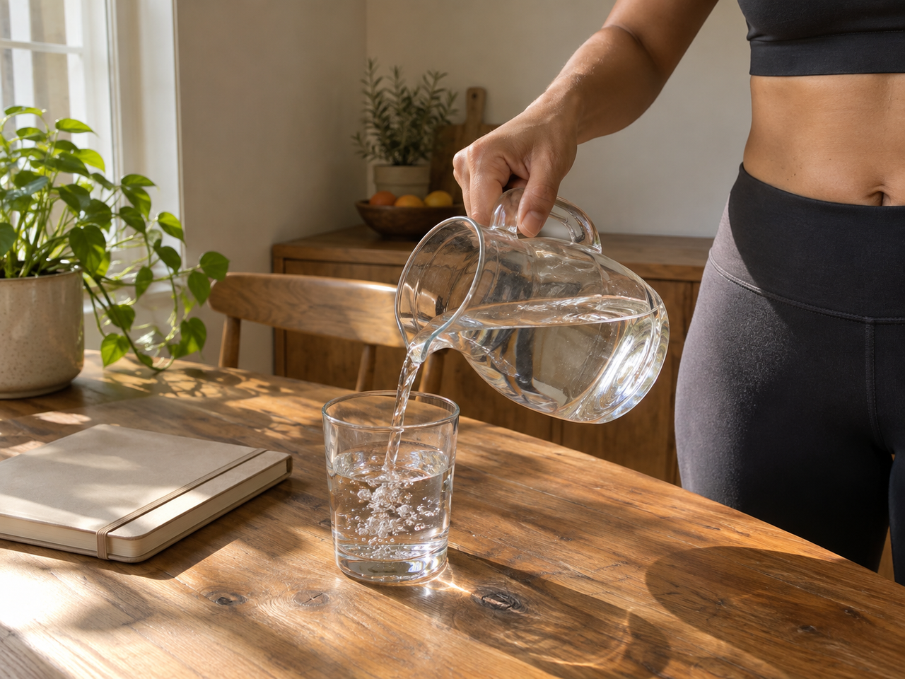 Water poured from a jug into a glass beside a closed notebook.