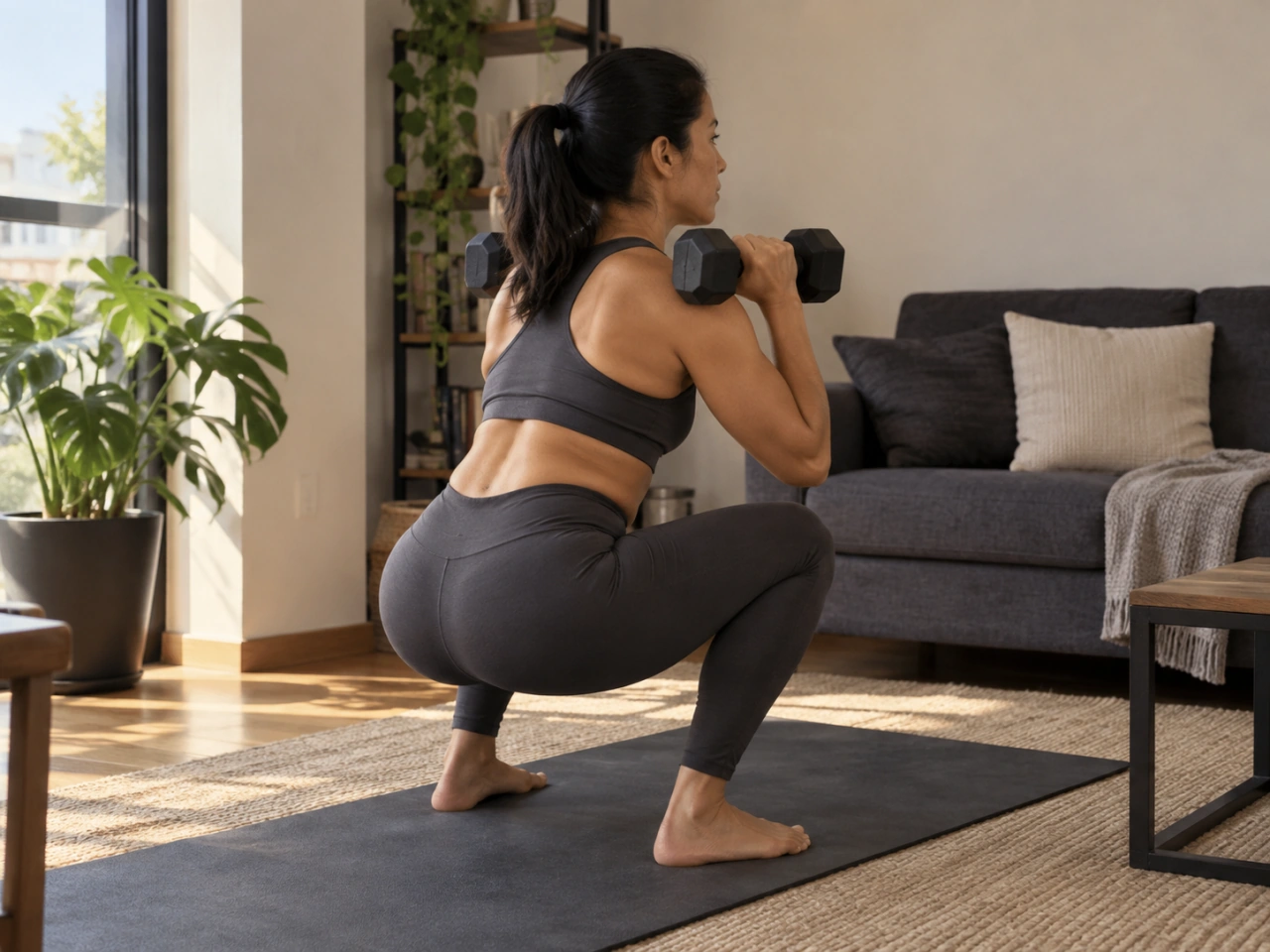 A mid-set moment at home with one pair of dumbbells.